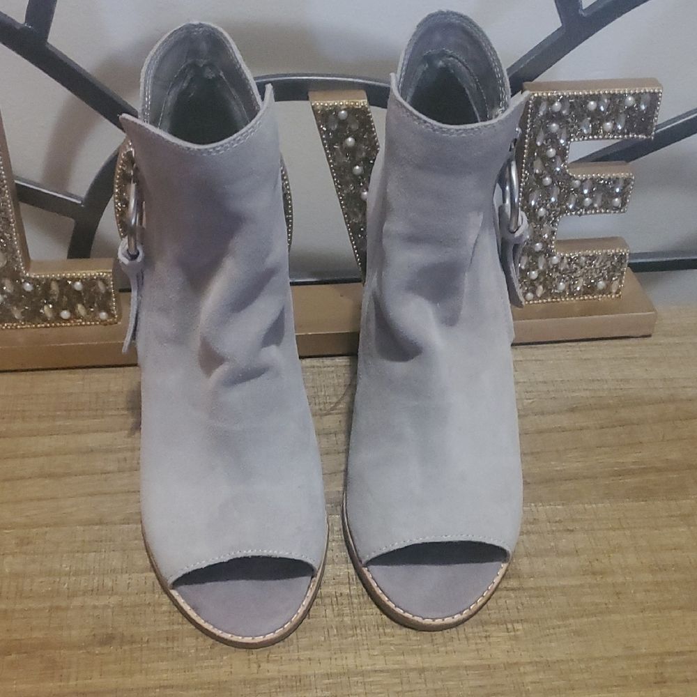 Dolce Vita Luis Open Toe Side Zip Ankle Gray Suede Leather Booties Sz 9 Boho